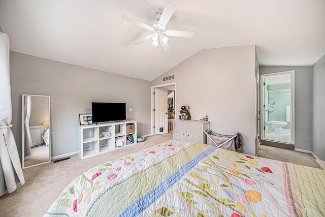 3049 Turnberry Ln, Ann Arbor, MI 48108 - carpeted bedroom featuring lofted ceiling, baseboards, ensuite bath, and a ceiling fan