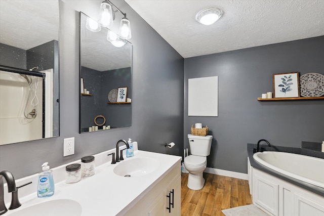 75349 12th Ave, South Haven, MI 49090 - bathroom with wood finished floors, a garden tub, toilet, double vanity, and a textured ceiling