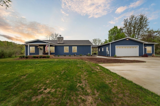 75349 12th Ave, South Haven, MI 49090 - ranch-style house featuring covered porch, a front yard, a chimney, and driveway