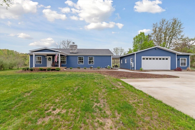 75349 12th Ave, South Haven, MI 49090 - single story home with a porch, a front lawn, a chimney, driveway, and an outbuilding