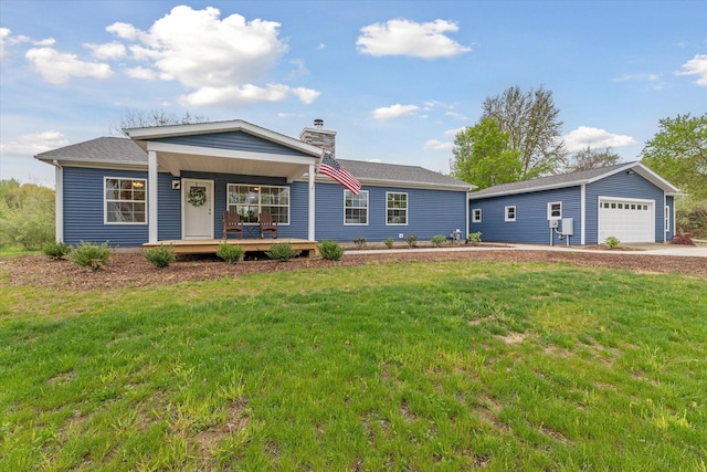 75349 12th Ave, South Haven, MI 49090 - ranch-style house with a front lawn, covered porch, a chimney, and a garage