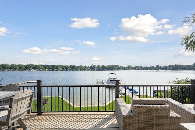 292 Lyon Lake Rd, Marshall, MI 49068 - wooden terrace featuring boat lift, a water view, and a dock