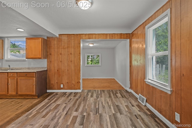15285 Hazelridge St, Detroit, MI 48205 - kitchen featuring baseboards, wooden walls, light countertops, light wood-type flooring, and brown cabinetry