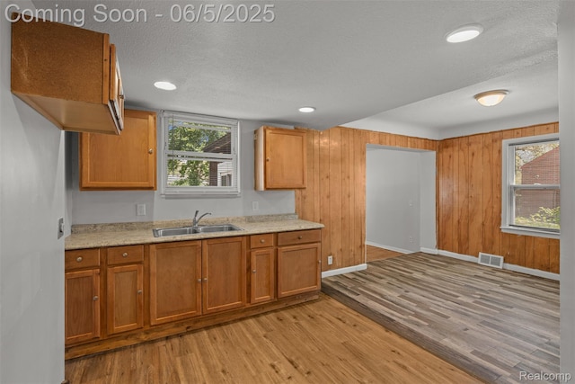 15285 Hazelridge St, Detroit, MI 48205 - kitchen with brown cabinets, a sink, light wood finished floors, light countertops, and a textured ceiling