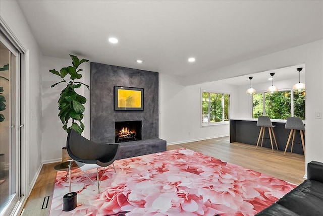 7044 Cascade Rd SE, Grand Rapids, MI 49546 - living room with light wood finished floors, a fireplace, and recessed lighting