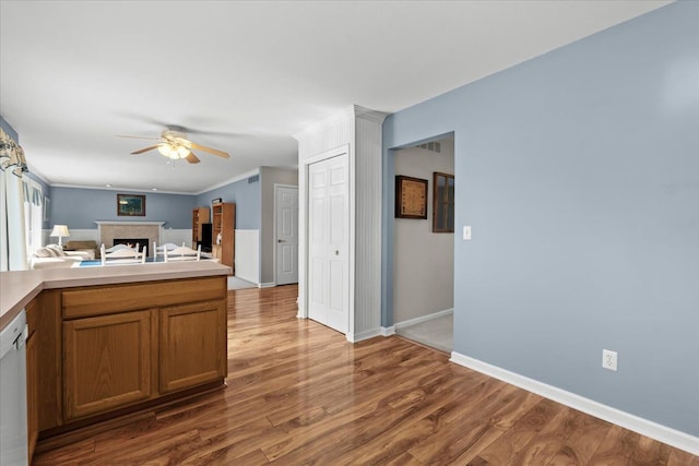 9009 N Pheasant Ridge Ln, Saline, MI 48176 - kitchen featuring ceiling fan, wood finished floors, stainless steel dishwasher, and a fireplace