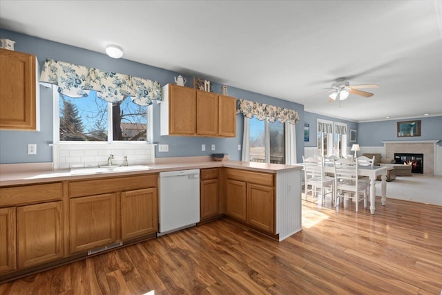 9009 N Pheasant Ridge Ln, Saline, MI 48176 - kitchen with white dishwasher, a sink, a peninsula, and light countertops