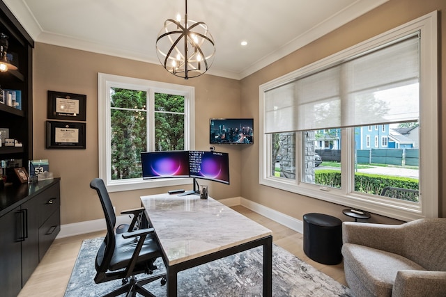 628 Watkins St, Birmingham, MI 48009 - office space featuring light wood-style floors, ornamental molding, a chandelier, baseboards, and recessed lighting