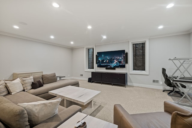 628 Watkins St, Birmingham, MI 48009 - living room featuring recessed lighting, baseboards, carpet flooring, and crown molding