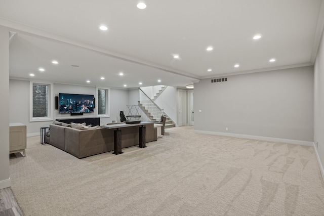 628 Watkins St, Birmingham, MI 48009 - living room featuring baseboards, stairs, light carpet, recessed lighting, and ornamental molding