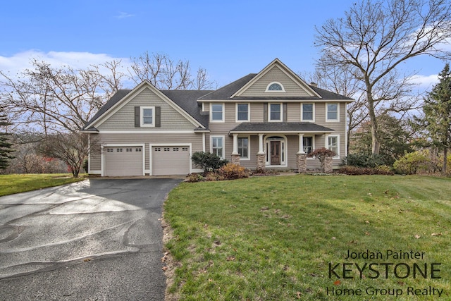 view of front of house featuring asphalt driveway, an attached garage, a front lawn, and roof with shingles