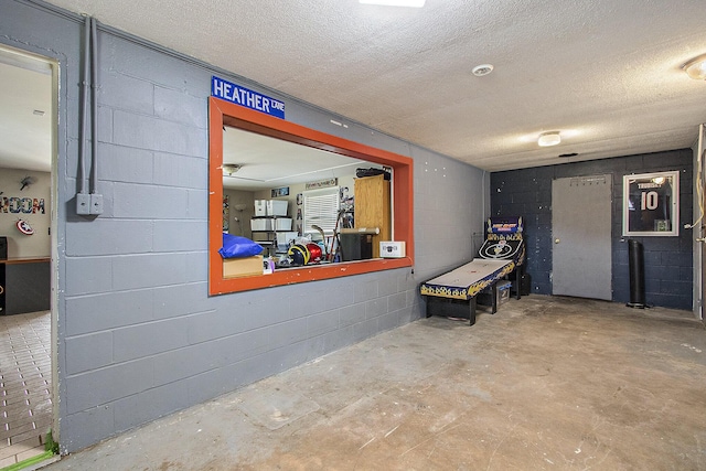 23431 Shurte St, Cassopolis, MI 49031 - interior space featuring concrete flooring, concrete block wall, and a textured ceiling