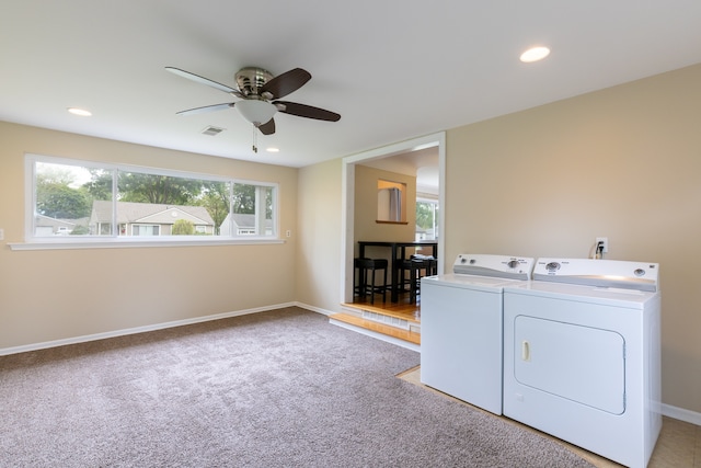 14560 Arden St, Livonia, MI 48154 - laundry area with ceiling fan, washing machine and dryer, carpet flooring, baseboards, and recessed lighting