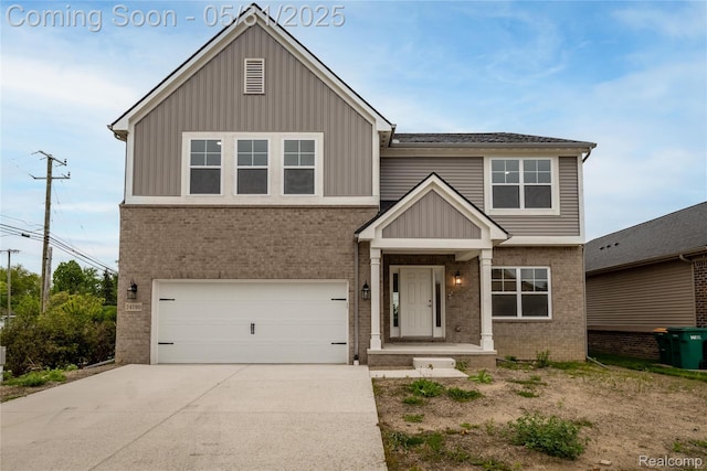 24180 Liberty Hill Dr, Farmington, MI 48336 - view of front of home featuring brick siding, an attached garage, driveway, and board and batten siding