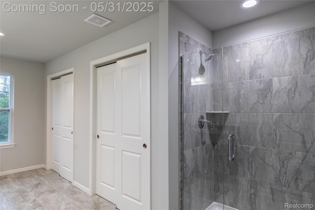 24180 Liberty Hill Dr, Farmington, MI 48336 - full bath featuring a stall shower, recessed lighting, baseboards, and marble finish floors