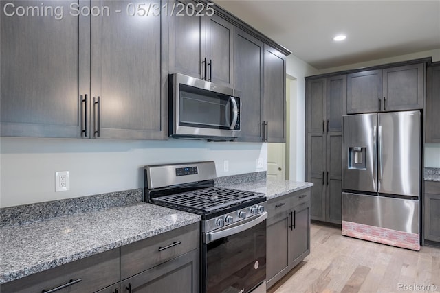 24180 Liberty Hill Dr, Farmington, MI 48336 - kitchen featuring stainless steel appliances, light wood-style flooring, light stone countertops, and recessed lighting