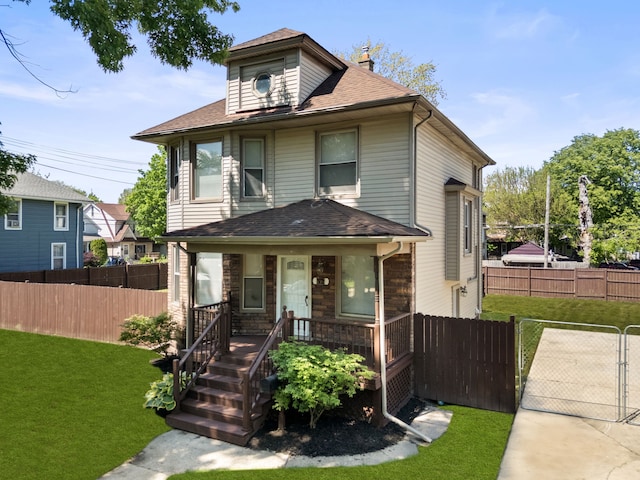traditional style home with covered porch, a shingled roof, and a chimney