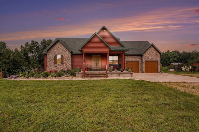 4435 Imlay City Rd, Attica, MI 48412 - view of front of property featuring a garage, concrete driveway, a porch, a yard, and stone siding