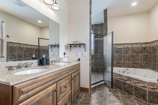 4435 Imlay City Rd, Attica, MI 48412 - full bath with walk in shower, a whirlpool tub, double vanity, tile patterned floors, and recessed lighting