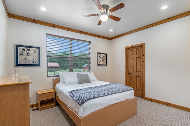 4435 Imlay City Rd, Attica, MI 48412 - bedroom with baseboards, light colored carpet, recessed lighting, and a ceiling fan