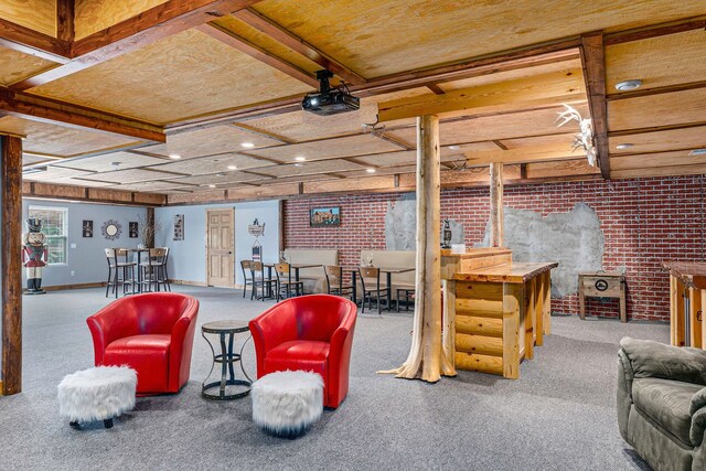 4435 Imlay City Rd, Attica, MI 48412 - living room with carpet flooring, brick wall, recessed lighting, and beam ceiling