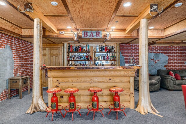 4435 Imlay City Rd, Attica, MI 48412 - indoor dry bar with brick wall, carpet floors, recessed lighting, and wood ceiling