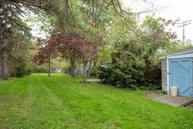view of grassy yard with a shed and an outbuilding