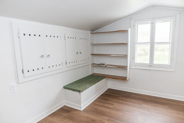 mudroom with vaulted ceiling, baseboards, and dark wood-style floors