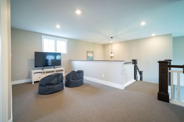 3280 Amtrak Dr SW, Byron Center, MI 49315 - living area with an upstairs landing, carpet, recessed lighting, and baseboards