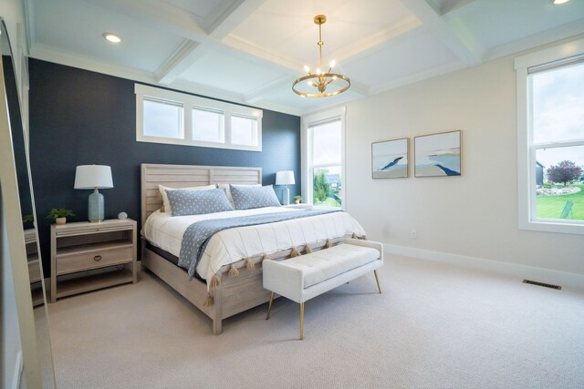 3280 Amtrak Dr SW, Byron Center, MI 49315 - bedroom with coffered ceiling, light carpet, baseboards, a chandelier, and recessed lighting