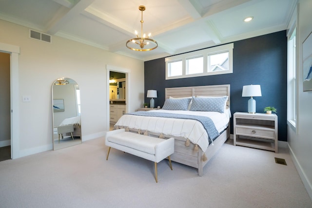 3280 Amtrak Dr SW, Byron Center, MI 49315 - bedroom with coffered ceiling, carpet floors, a chandelier, baseboards, and beamed ceiling