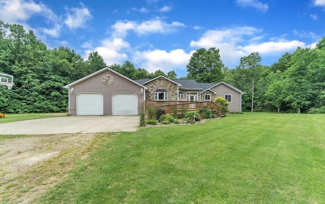 5856 Peck Rd, Brown City, MI 48416 - ranch-style home featuring driveway, a garage, a front lawn, stone siding, and a deck