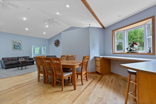 5856 Peck Rd, Brown City, MI 48416 - dining room featuring ceiling fan, vaulted ceiling, light wood-style flooring, baseboards, and recessed lighting