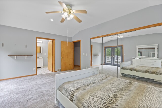 5856 Peck Rd, Brown City, MI 48416 - carpeted bedroom featuring french doors, lofted ceiling, a closet, baseboards, and a ceiling fan