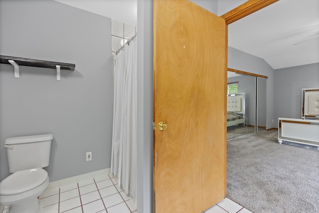 5856 Peck Rd, Brown City, MI 48416 - full bathroom with toilet, vaulted ceiling, baseboards, a shower with curtain, and tile patterned floors