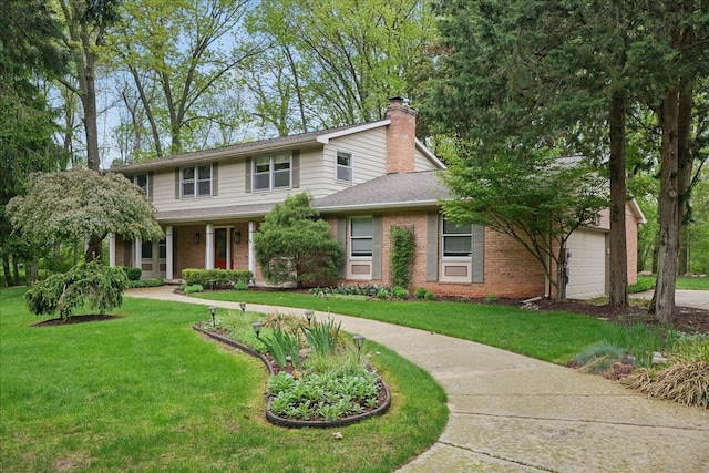 1558 Sylvan Glen Rd, Okemos, MI 48864 - view of front of house with brick siding, a front lawn, and a chimney