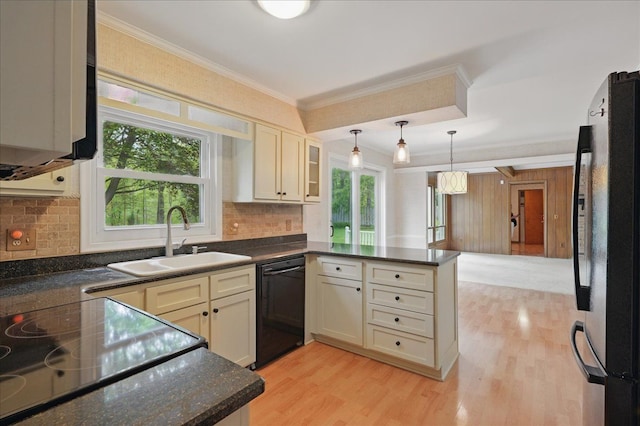 1558 Sylvan Glen Rd, Okemos, MI 48864 - kitchen with black appliances, a sink, a peninsula, light wood finished floors, and decorative backsplash