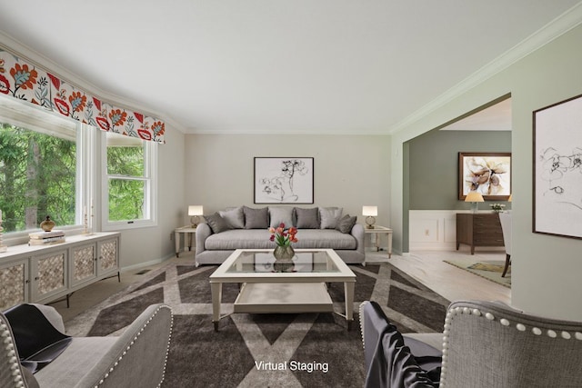 1558 Sylvan Glen Rd, Okemos, MI 48864 - living room with crown molding, carpet floors, and baseboards