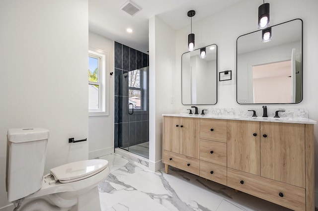 38501 Winkler St, Harrison Township, MI 48045 - bathroom with marble finish floors, toilet, a stall shower, baseboards, and double vanity