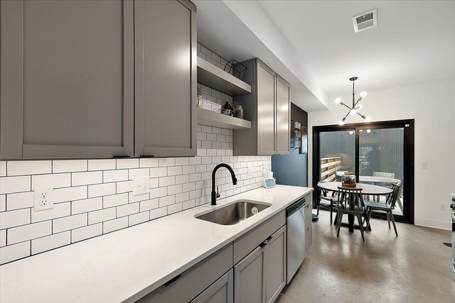 3313 Cochrane St, Detroit, MI 48208 - kitchen featuring gray cabinets, a sink, open shelves, tasteful backsplash, and stainless steel dishwasher