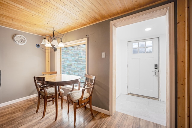 505 S Cherry St, Kalkaska, MI 49646 - dining room featuring a chandelier, baseboards, wood ceiling, and crown molding