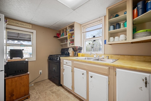 505 S Cherry St, Kalkaska, MI 49646 - kitchen with black appliances, a sink, open shelves, plenty of natural light, and a paneled ceiling