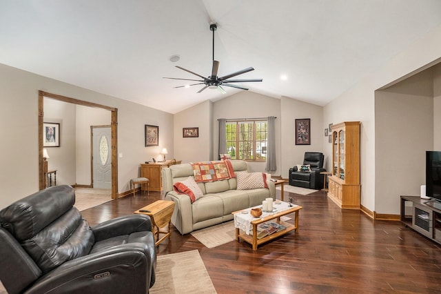 living room with lofted ceiling, ceiling fan, and wood finished floors