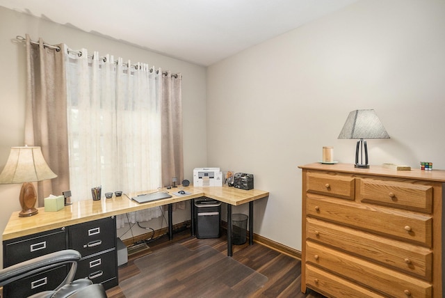 office area featuring dark wood-style flooring and baseboards