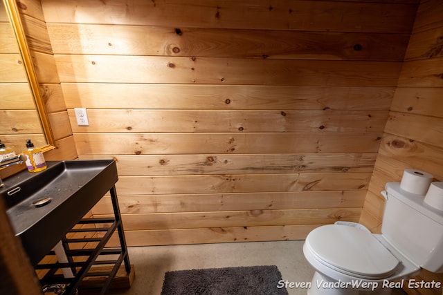 12640 Bucs Dr, Grand Haven, MI 49417 - bathroom with toilet, wood walls, and vanity