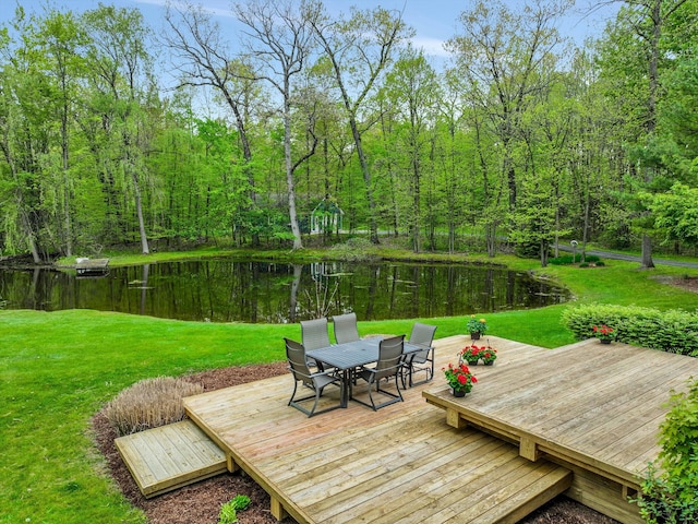 1355 W Buell Rd, Oakland, MI 48363 - wooden deck featuring outdoor dining space, a yard, a water view, and a wooded view