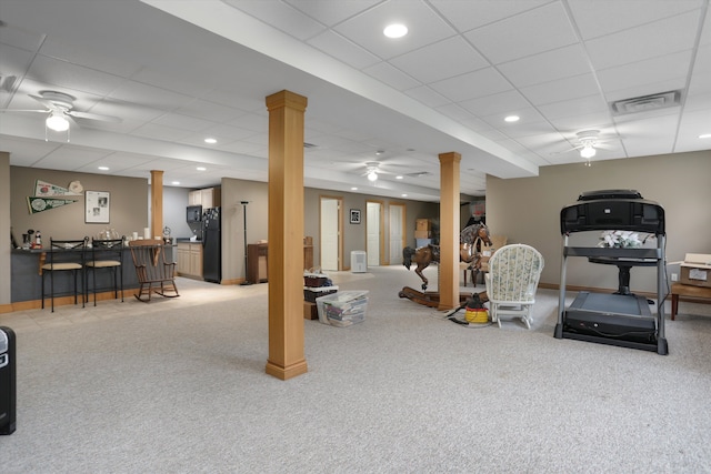 1355 W Buell Rd, Oakland, MI 48363 - workout area featuring ceiling fan, light carpet, bar area, ornate columns, and a paneled ceiling