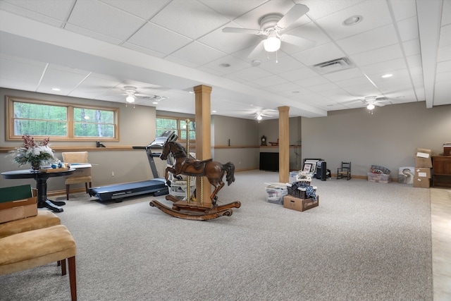 1355 W Buell Rd, Oakland, MI 48363 - exercise room with ornate columns, a ceiling fan, carpet floors, a drop ceiling, and baseboards
