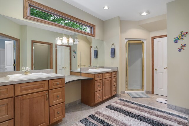 1355 W Buell Rd, Oakland, MI 48363 - full bathroom featuring tile patterned floors, a stall shower, two vanities, and recessed lighting