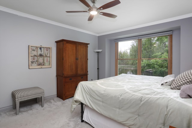 1355 W Buell Rd, Oakland, MI 48363 - bedroom featuring light colored carpet, ornamental molding, baseboards, and ceiling fan